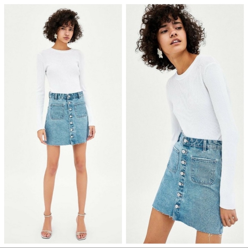 ZARA Womens Denim Jean Mini Skirt Light Wash Button Front A-Line High Rise Small
